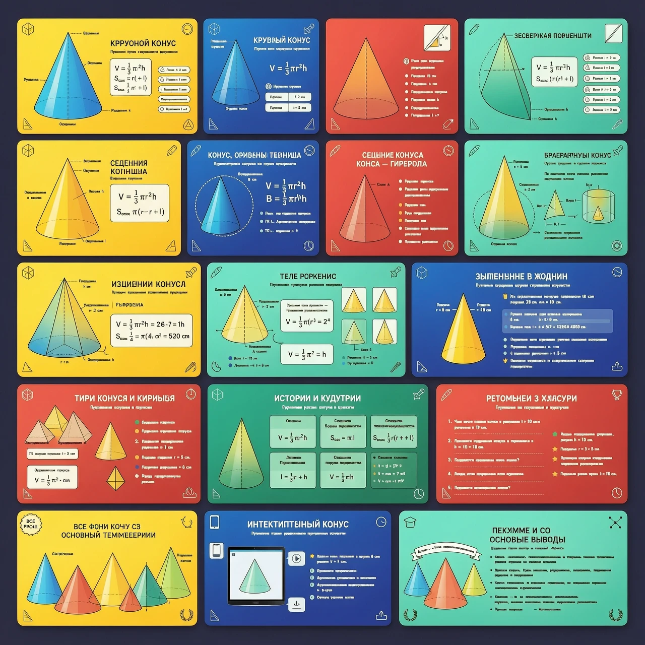 Create a series of 16:9 cards for a math teacher on the topic of cones. Use bright colors and 3D shapes. — работа пользователя Быстрый Псионик