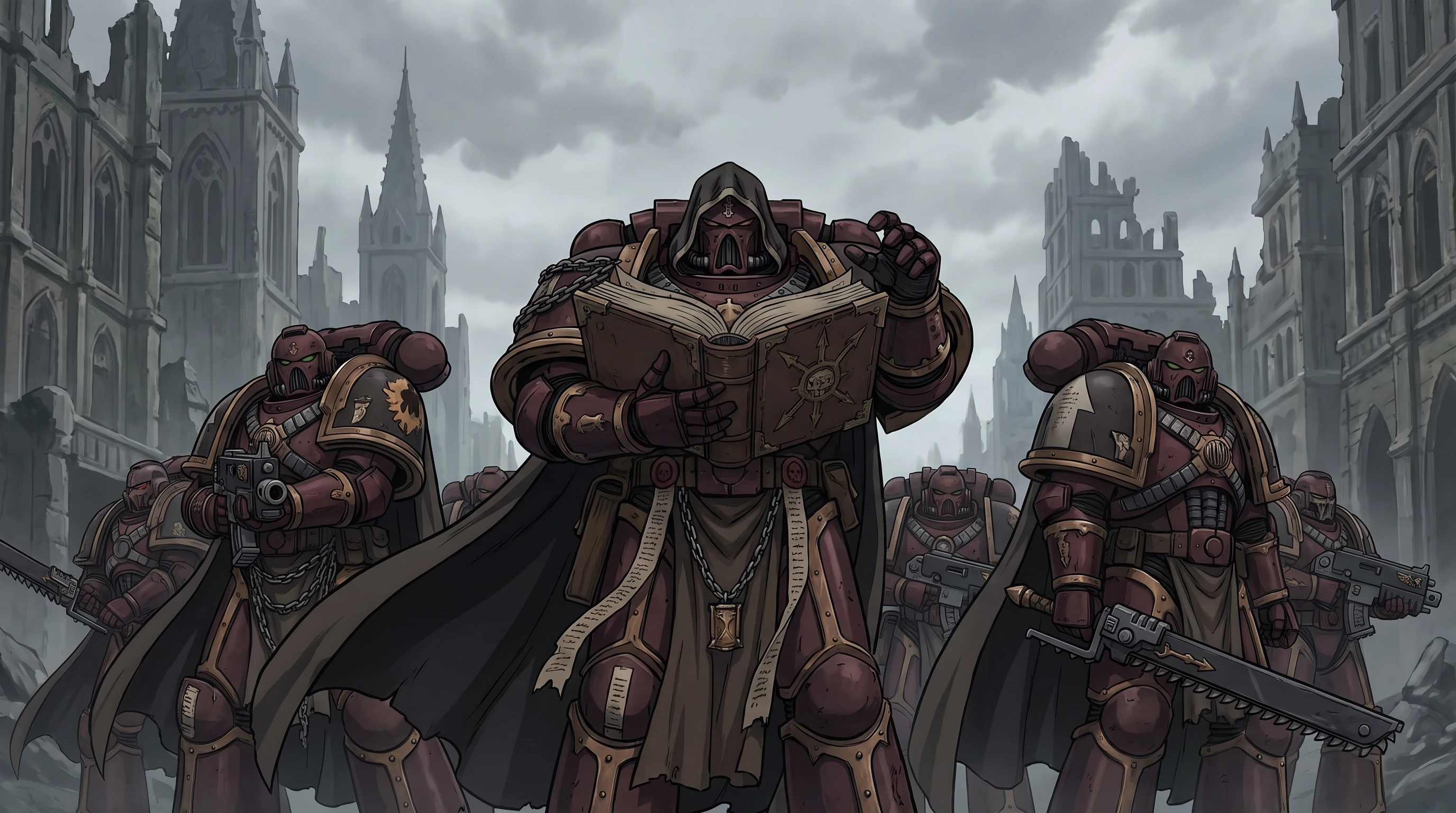 Warhammer 40000 (франшиза), отряд космодесантников из легиона Несущих Слово, космодесантник держит книгу, на фоне руин готического города, стиль аниме с реалистичными деталями,…