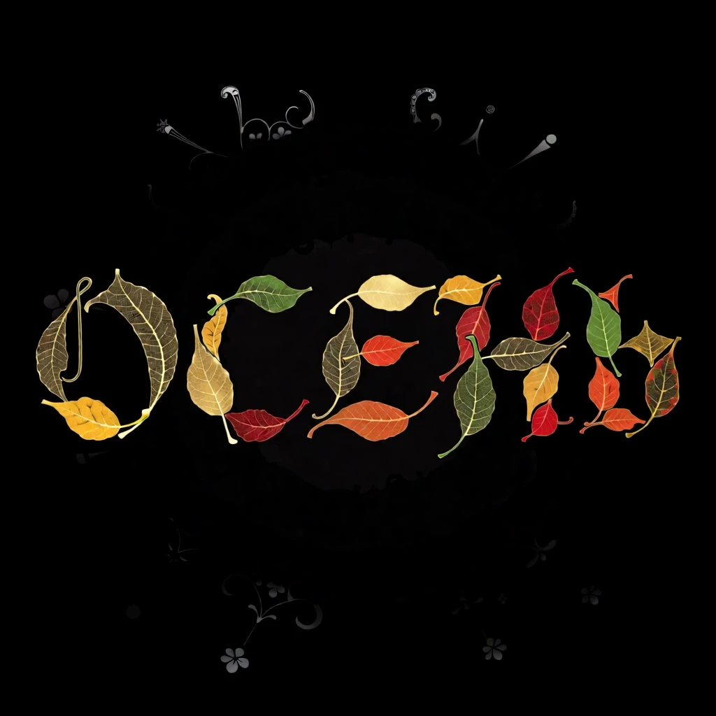 Digital image with double exposure and overlay of layers and textures. Vector graphics. The word "OCEHb" is made of gold, crimson and green skeletonized textured…