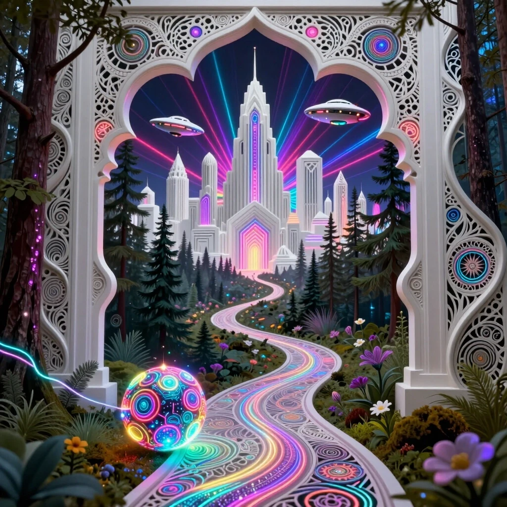 Background: a winding path leading from the forest to a white city. In the middle and far distance, a street in a futuristic ornamental white city with a (thrilling triphobic)…