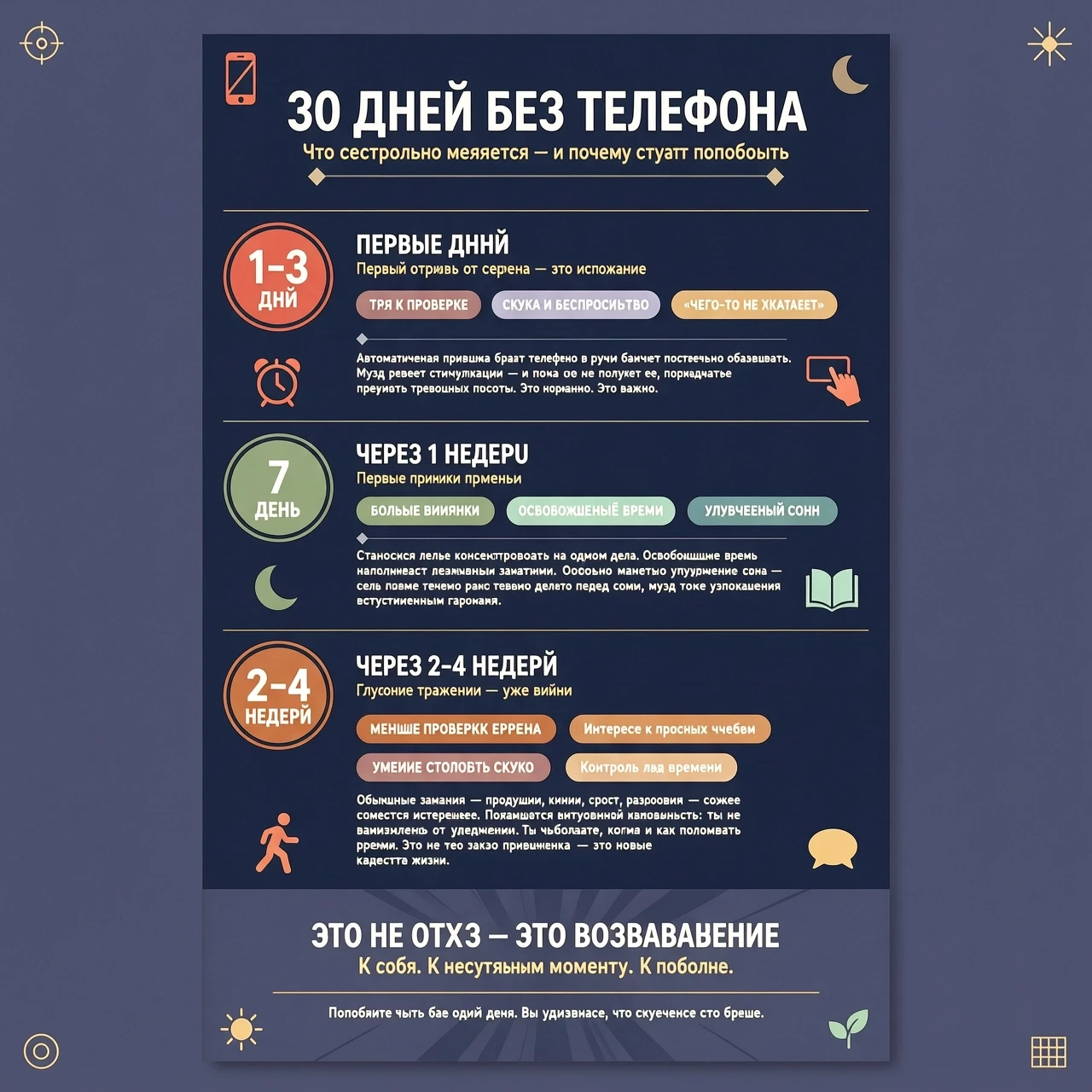 Если полностью отказаться от телефона на 30 дней, изменения могут быть довольно заметными — особенно если сейчас ты проводишь в нём много времени. Первые 1–3 дня Будет тянуть…