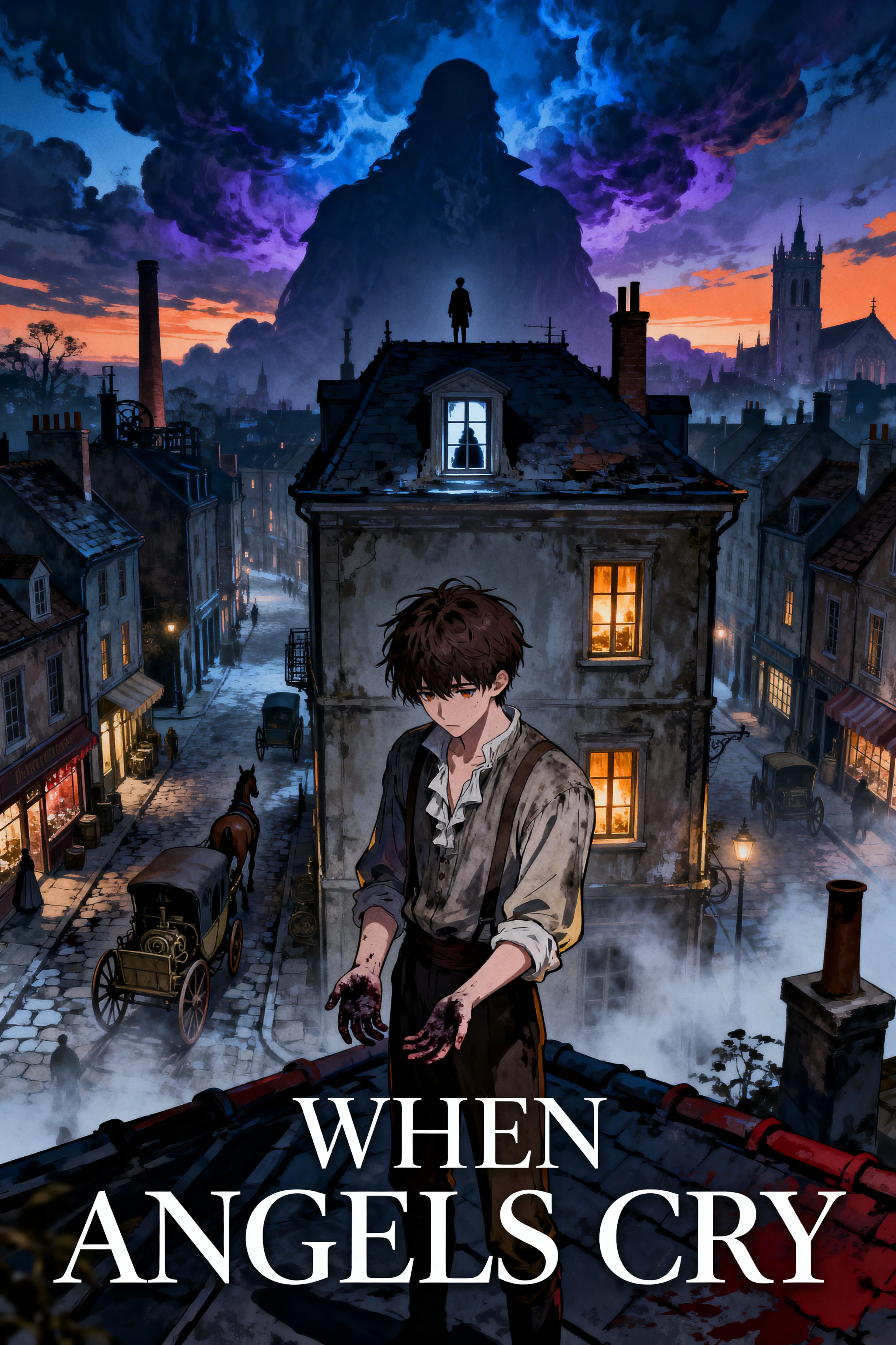 Full-color Japanese manga novel cover, dark supernatural mystery, psychological mystery, seinen manga aesthetic, cinematic anime illustration. A young male protagonist standing…