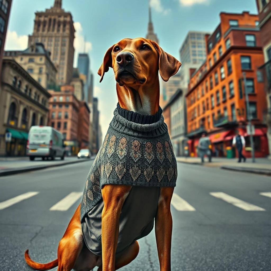 intricate details, knee level shot of a lanky (Rhodesian Ridgeback:1.2) , Fantasy, it is dressed in Cropped sweater and midi skirt, its Cropped sweater and midi skirt is…