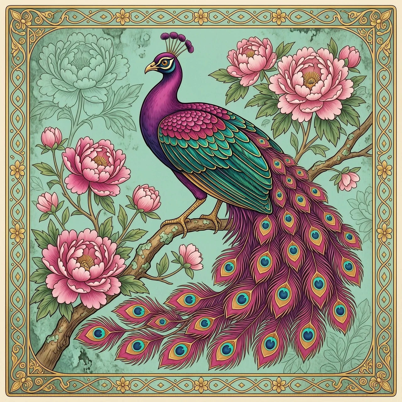 Vintage art nouveau illustration, an elegant majestic peacock in vibrant magenta and fuchsia plumage with teal metallic accents on its wings, perched on a branch. Its flowing…