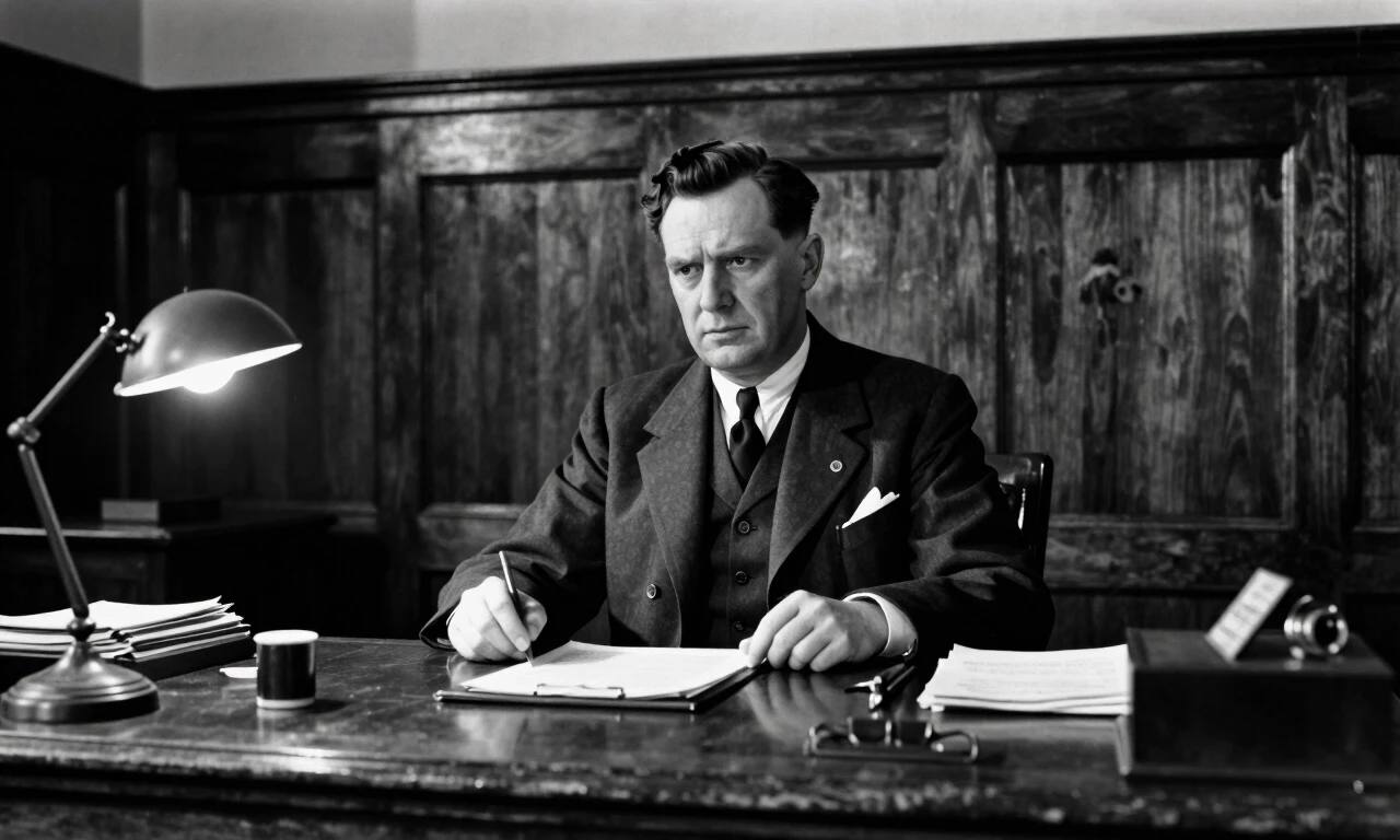 1940s British embassy office interior, stern officer behind desk, wood panelling, black and white film noir lighting — работа пользователя Необыкновенный Фенрир