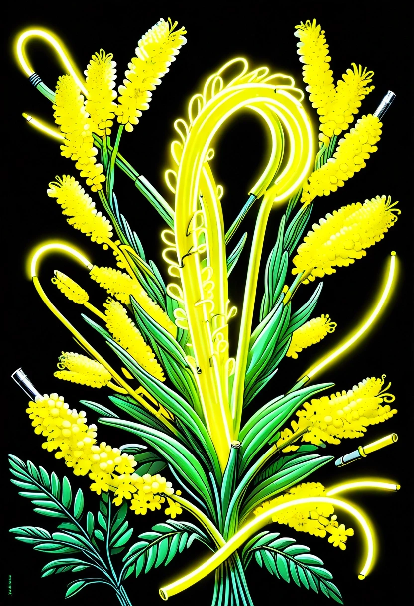 A realistic yellow flexible LED neon tube is physically placed on top of the mimosa flowers. Glowing electric neon line, real glass neon pipe glowing with bright yellow light…