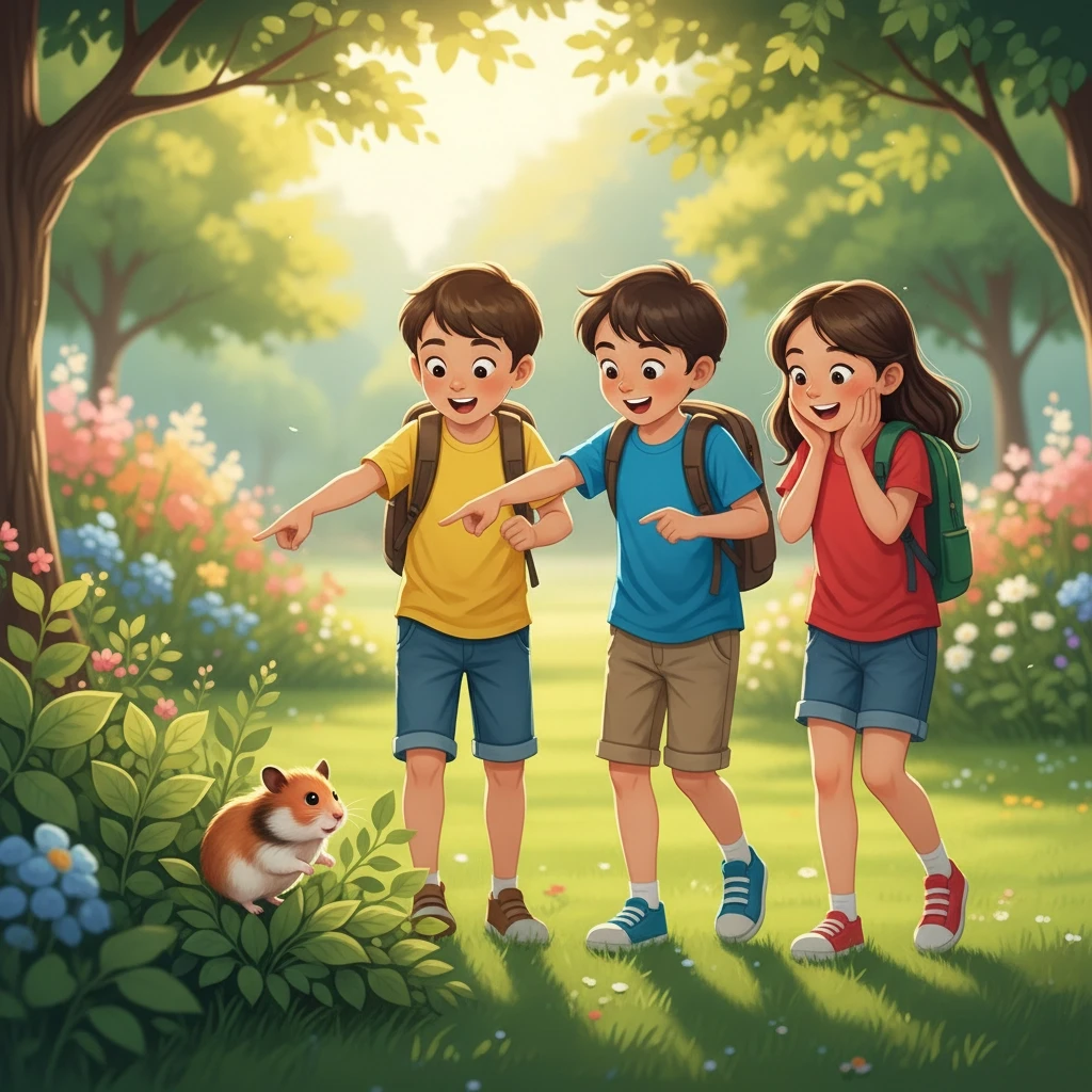 A group of 3 kids (two boys and a girl) wearing colorful t-shirts are walking in a sunny park. They suddenly spot a tiny brown hamster sitting near a bush. The kids look…