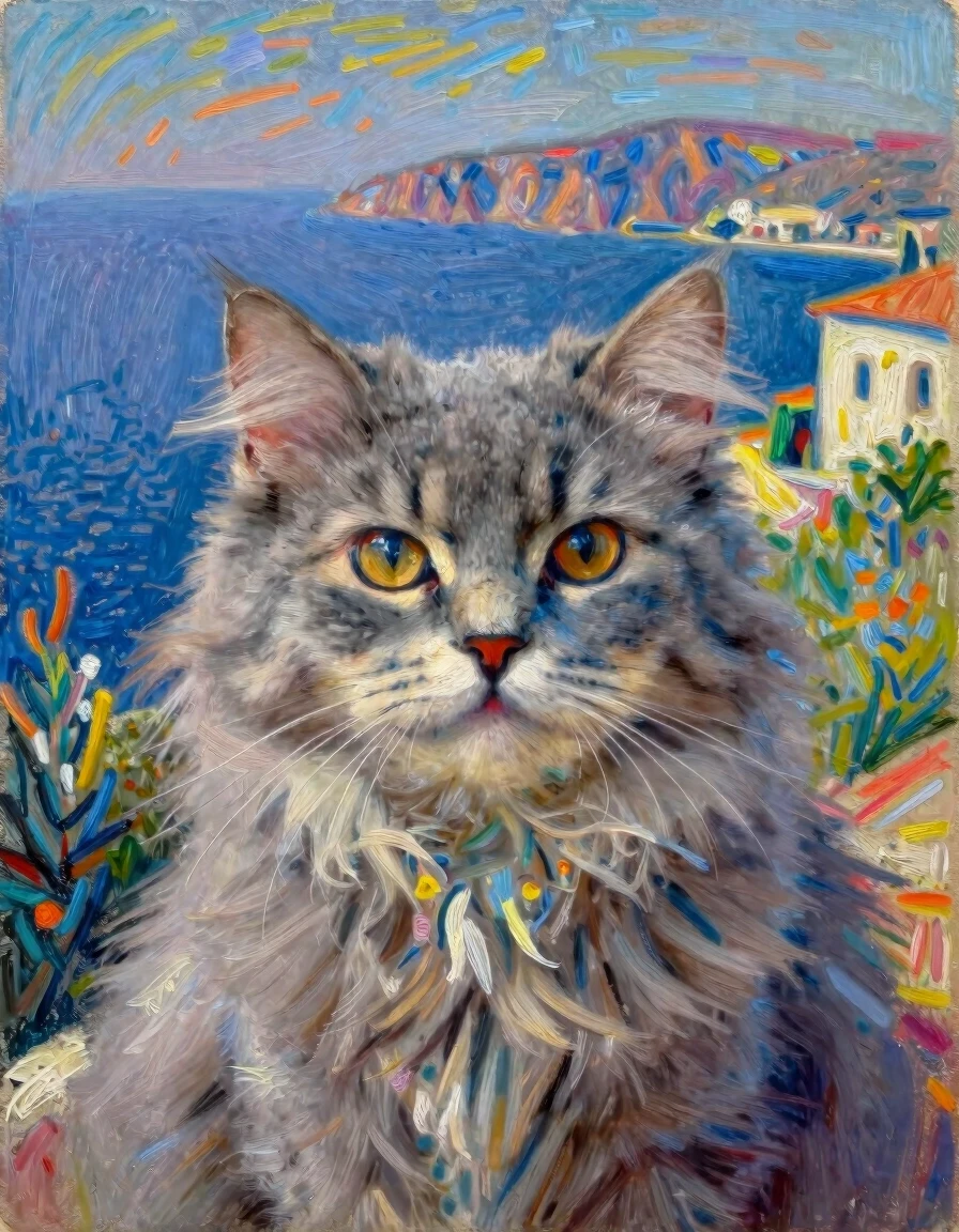 A masterpiece. Painting. The painting is painted in pastel in the style of romantic impressionism.((Image of a grey fluffy cute cat against the background of a Mediterranean…