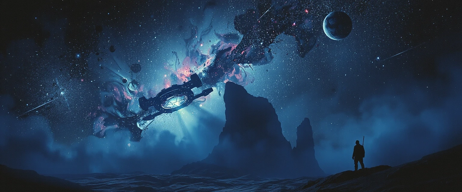 Deep space gaming banner background, dark galaxy nebula with cosmic dust, subtle futuristic space station silhouette, glowing stars, blue and purple ambient light, cinematic…