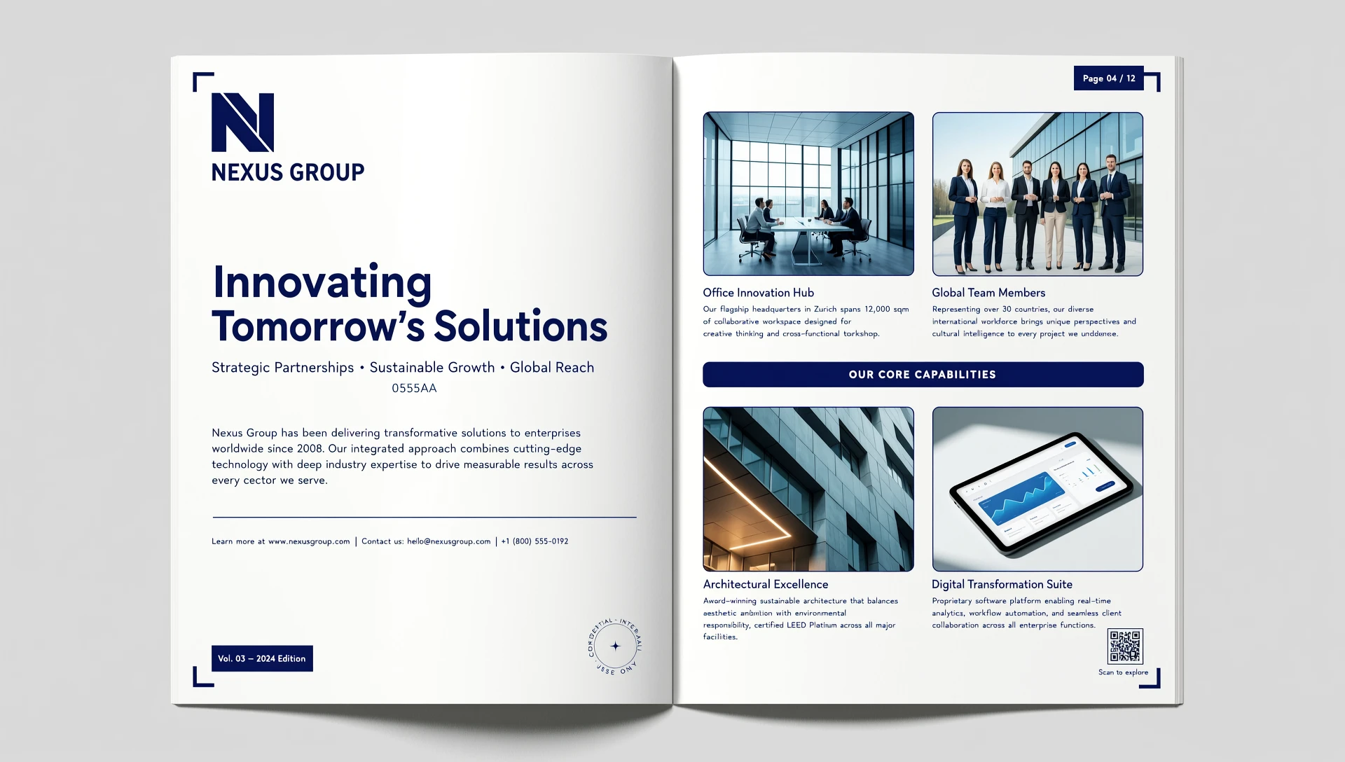 a4 album layout colors: blue, white draw a mockup of two pages, left page - company logo top left, below it a title, below it a subtitle, further below a text block on the right…