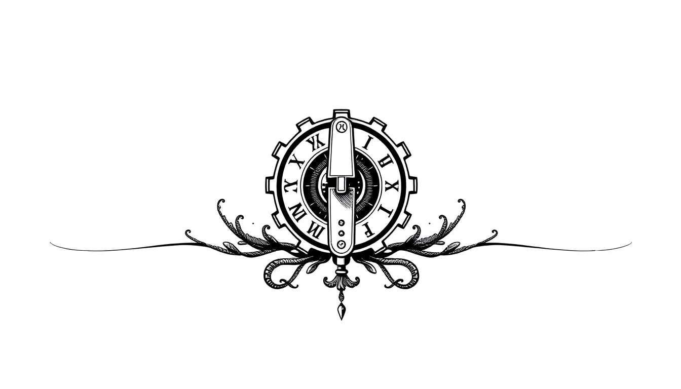 A symmetrical book chapter divider element, isolated on a solid white background. In the exact center, there is a tiny, elegant mechanical gear shift lever ornament with glowing…