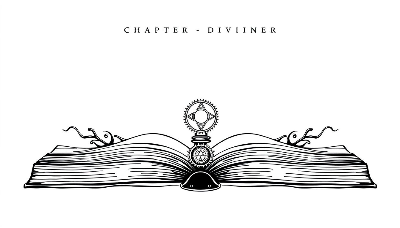 A symmetrical book chapter divider element, isolated on a solid white background. In the exact center, there is a tiny, elegant mechanical gear shift lever ornament with glowing…