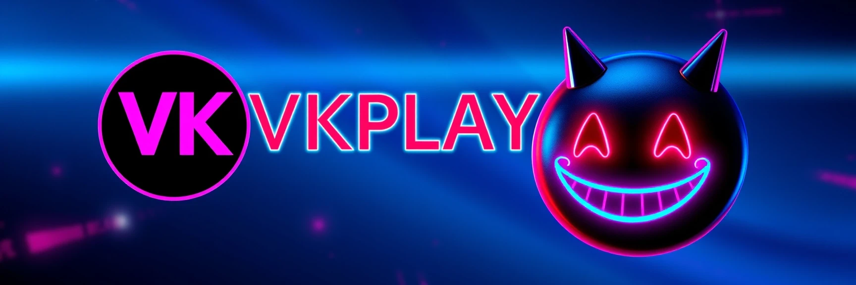создай изображение, слева логотип VKPLAY справа изображение смайлик Red-John-Smiley-Face на фоне с градиентным переходом светлых оттенков синего — работа пользователя Жемчужный…