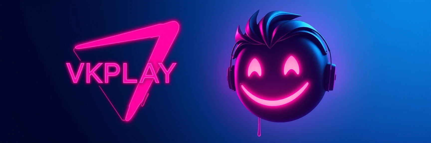 создай изображение, слева логотип VKPLAY справа изображение смайлик Red-John-Smiley-Face на фоне с градиентным переходом светлых оттенков синего — работа пользователя Жемчужный…
