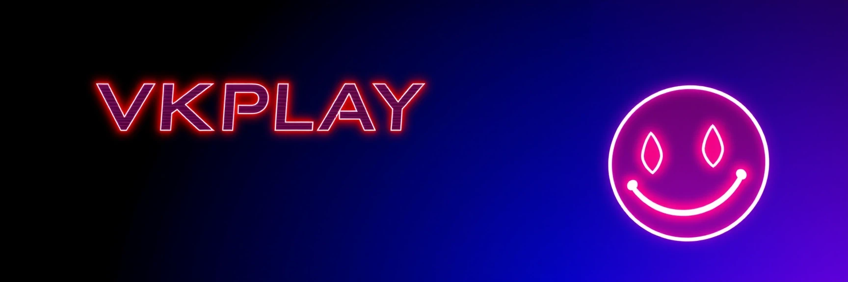 создай изображение, слева логотип VKPLAY справа изображение смайлик Red-John-Smiley-Face на фоне с градиентным переходом светлых оттенков синего — работа пользователя Жемчужный…