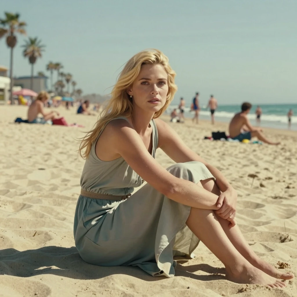 A blonde woman with light brown eyes is sitting on the beach on a sunny day. The beach is full of people; there are no palm trees. The girl is wearing a long dress. The sand is…