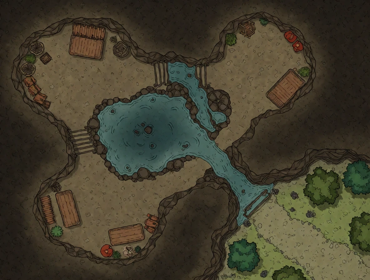 A top-down view of a cave map for a DND game. The map depicts a cave with three interconnected spaces. A lake flows through the cave, through which a stream flows, and out into…