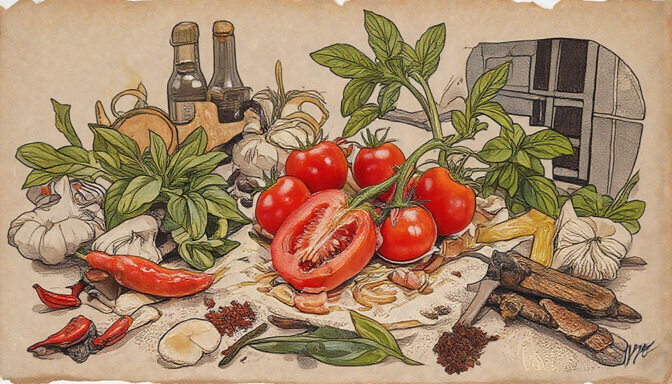 Фронтальный вид с боку. Старая бумага. Tomatos, basilik, чили перец, чеснок, пряности, специи. — работа пользователя Многоцветная Прозрачность