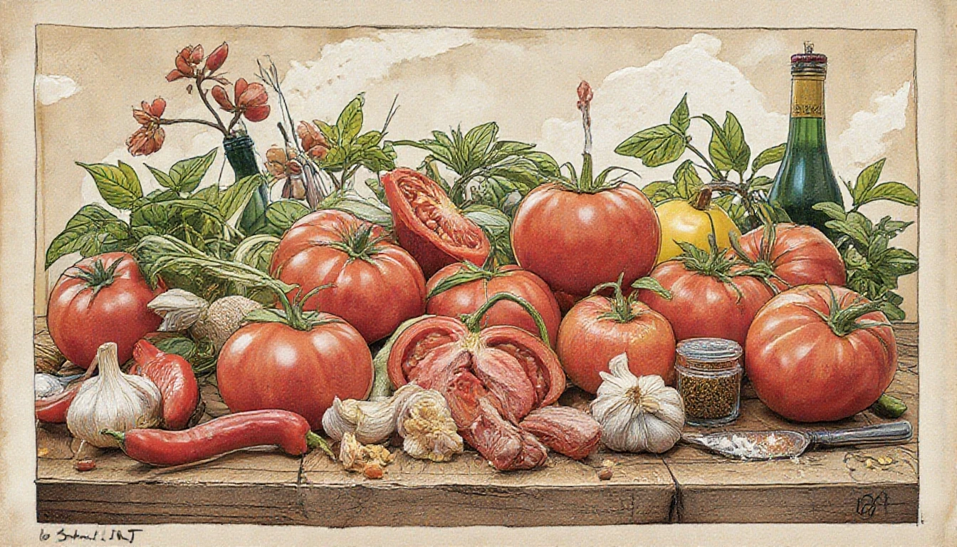 Фронтальный вид с боку. Старая бумага. Tomatos, basilik, чили перец, чеснок, пряности, специи. — работа пользователя Многоцветная Прозрачность