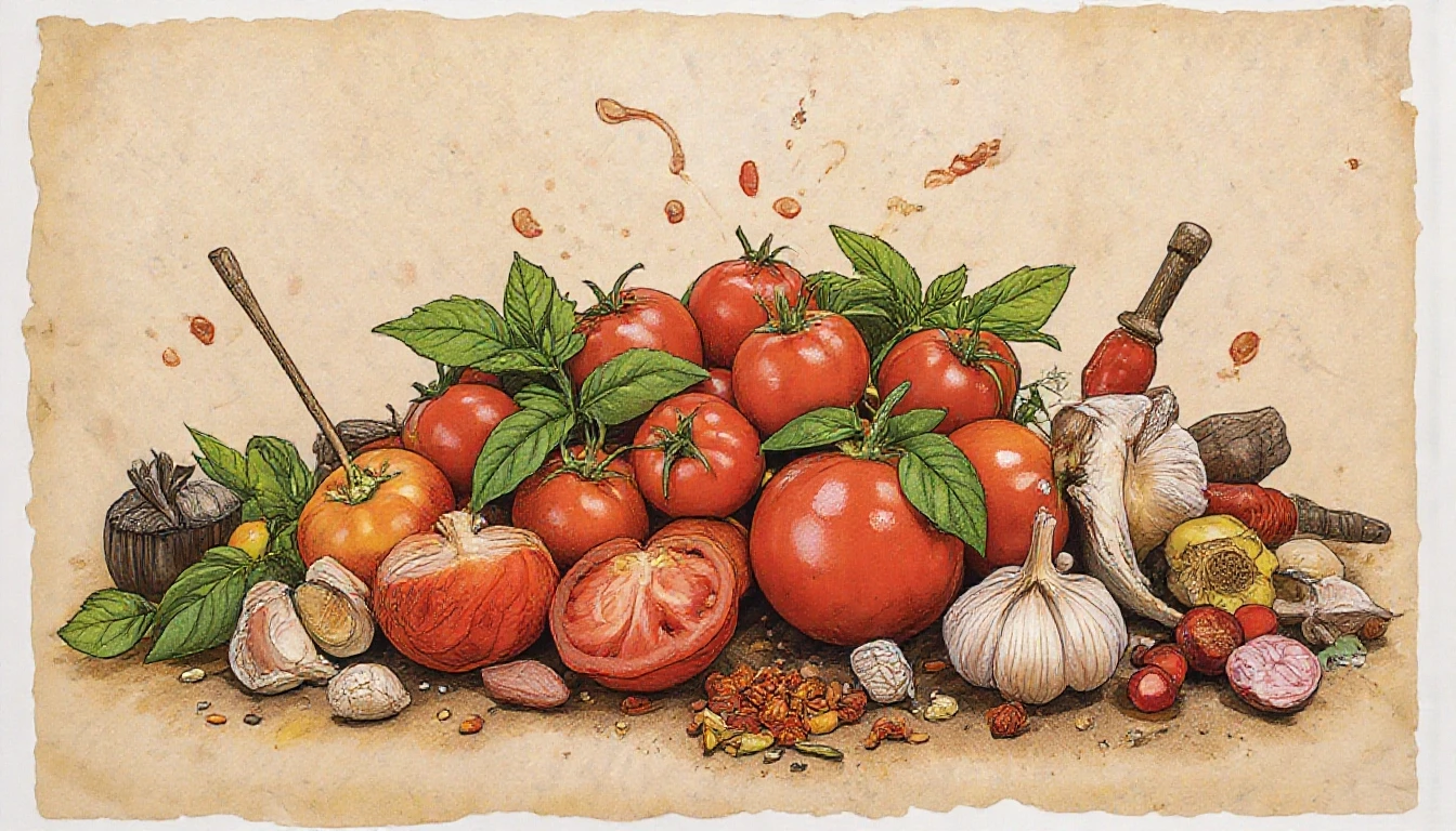 Фронтальный вид с боку. Старая бумага. Tomatos, basilik, чили перец, чеснок, пряности, специи. — работа пользователя Многоцветная Прозрачность