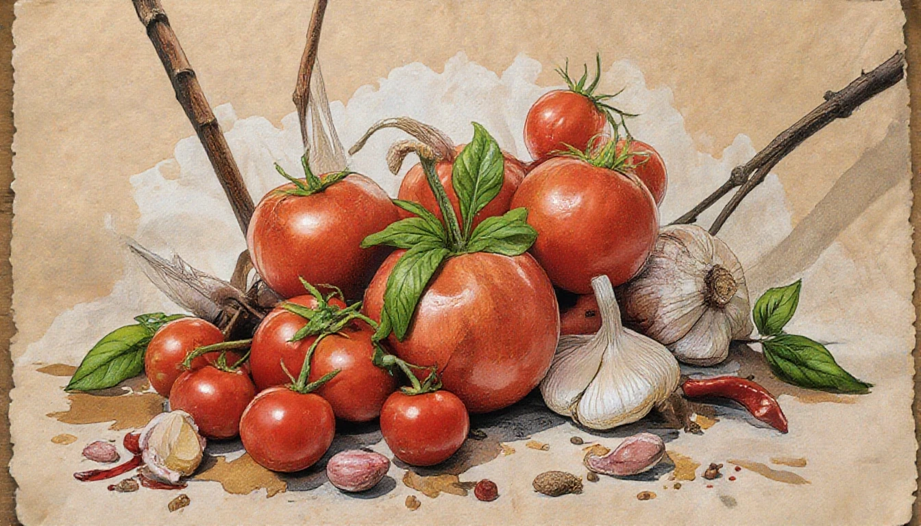 Фронтальный вид с боку. Старая бумага. Tomatos, basilik, чили перец, чеснок, пряности, специи. — работа пользователя Многоцветная Прозрачность