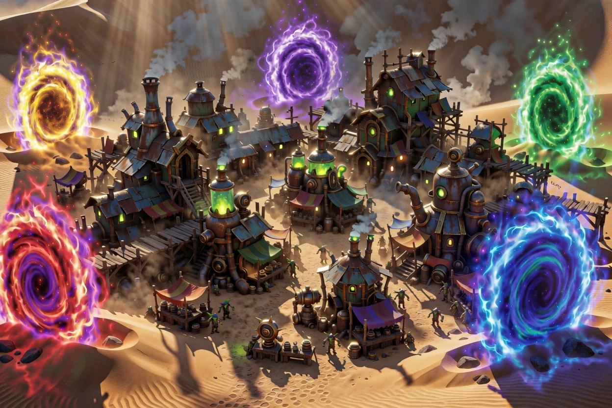 A sprawling, chaotic goblin settlement inspired by Gadgetzan from World of Warcraft, characterized by makeshift scrap-metal architecture, rickety wooden scaffolding, and…