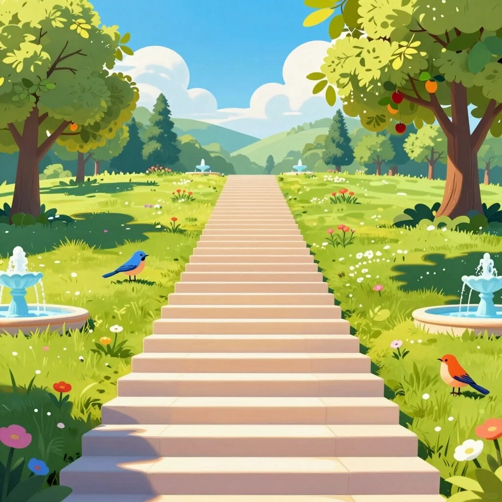 A long, bright staircase ascends, narrowing. The staircase leads to paradise. A sunny meadow, blue sky, fruit trees, birds, flowers, fountains. Everything is permeated with…