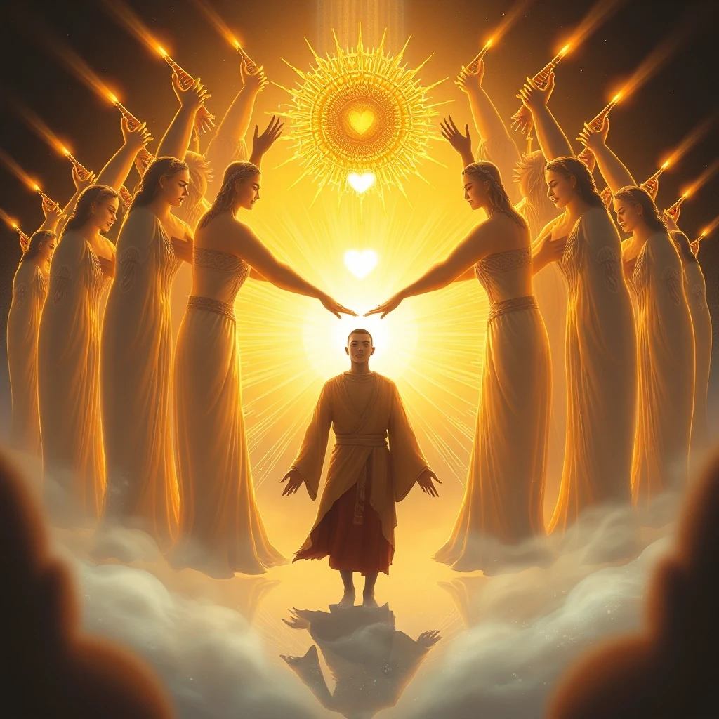 Digital art. A descendant standing in the center, surrounded by many glowing ancestral figures forming a protective circle. They gently embrace him, sending warm golden light…