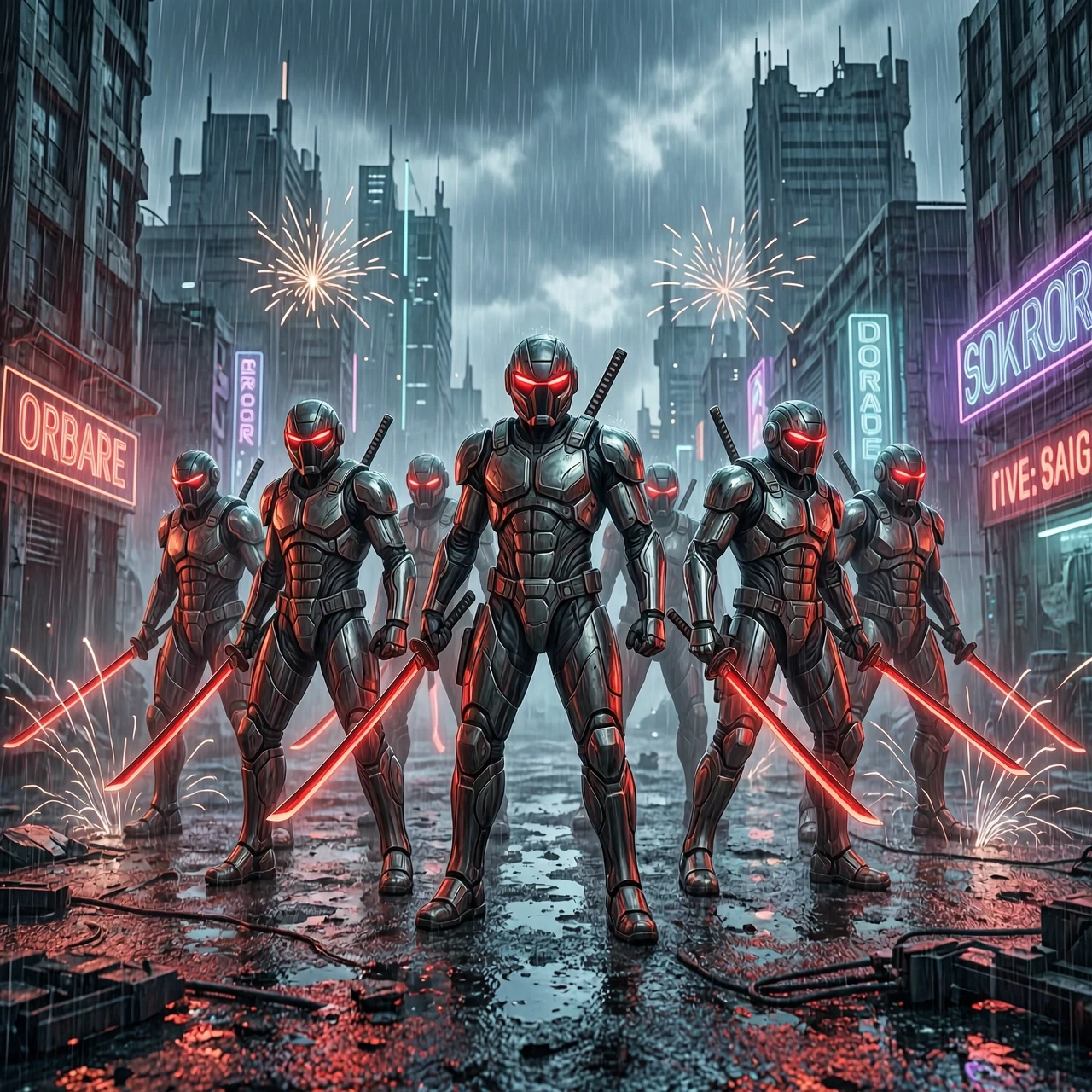 Group of futuristic cyber-samurai warriors walking through a heavy neon rain, high-tech battle armor, glowing red katana blades, aggressive stance, ruined cyberpunk city…