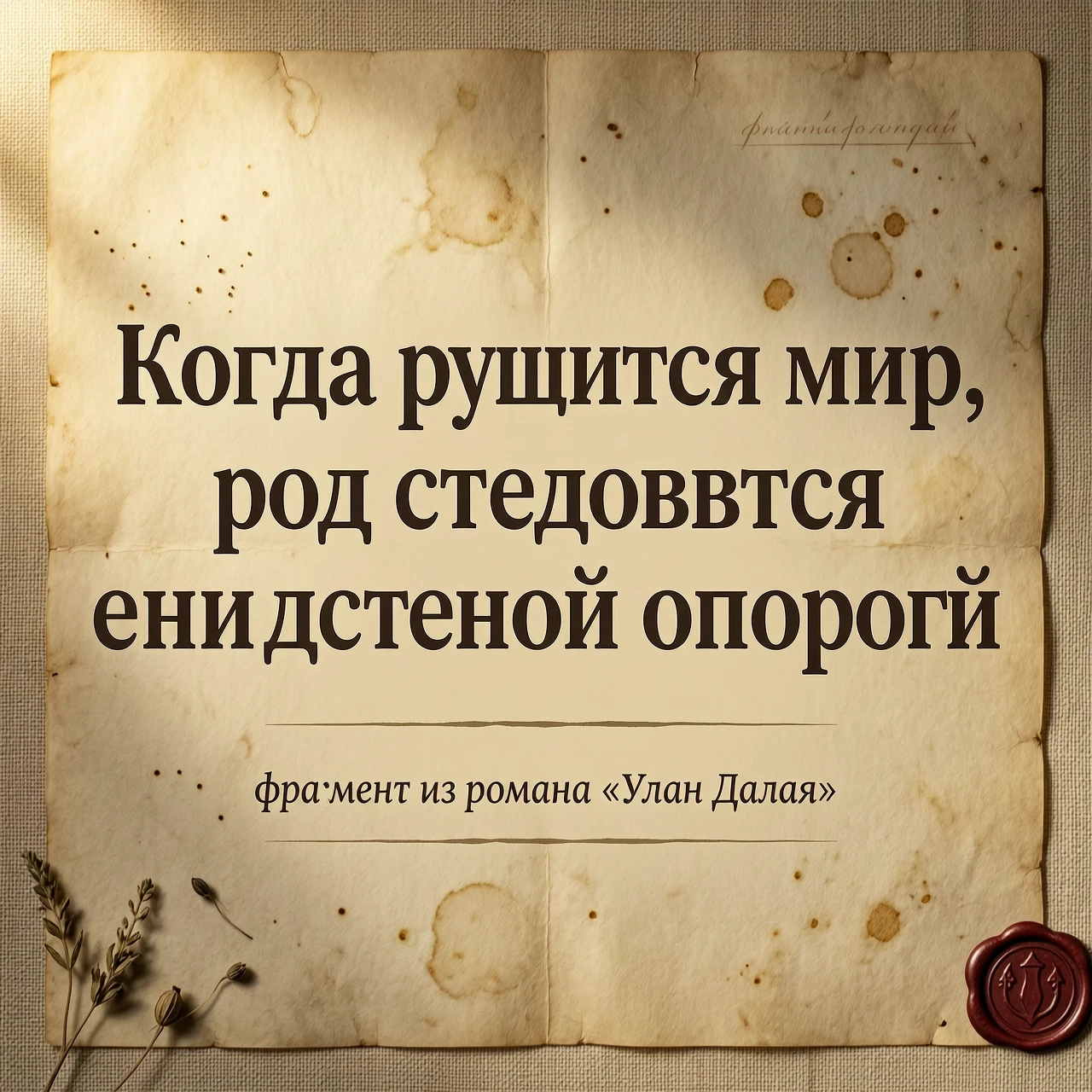 «Сильные строки». Цитата (крупно, по центру): «Когда рушится мир, род становится единственной опорой». Оформление: шрифт с засечками для цитаты, фон — текстура пергамента или…