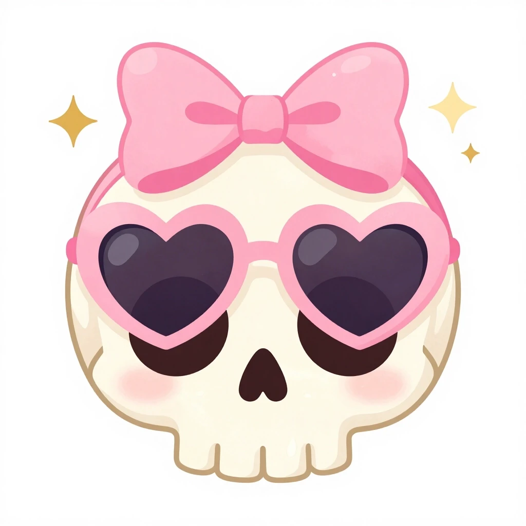 adorable summerween skull clipart, cute round ivory skull head, pink heart sunglasses, oversized pink bow, pastel beach halloween aesthetic, tiny gold sparkles, sweet spooky…