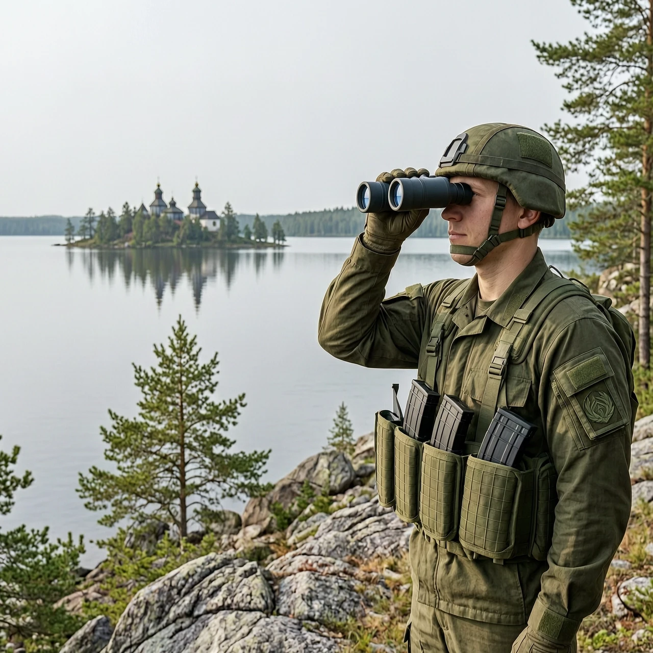 Реалистичное изображение, 8k, фотореализм. С правой стороны российский военнослужащий в современной полевой форме установленного образца, разгрузке МРС (модульная разгрузочная…