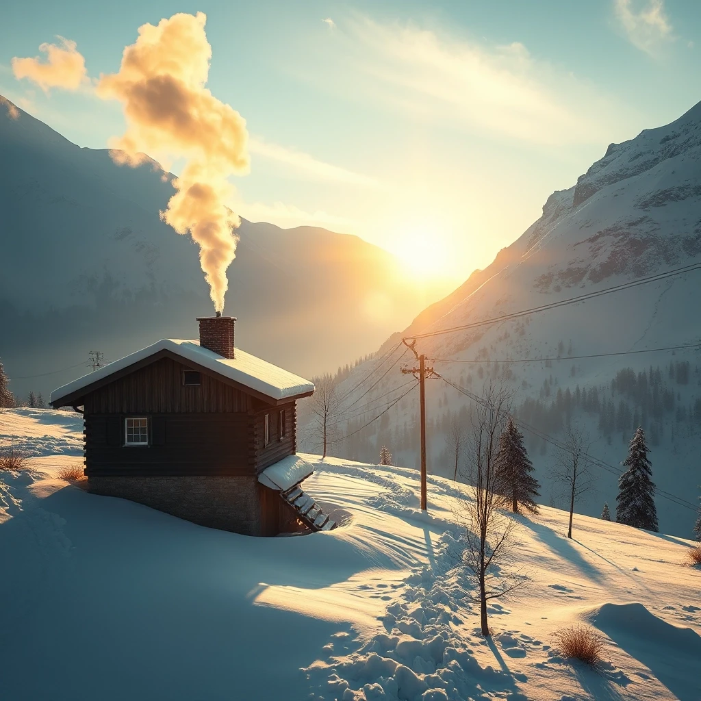 Sunrise over an isolated mountain hotel after a powerful snowstorm, sparkling fresh snow, smoke rising from the chimney, calm silence, majestic alpine peaks, golden morning…