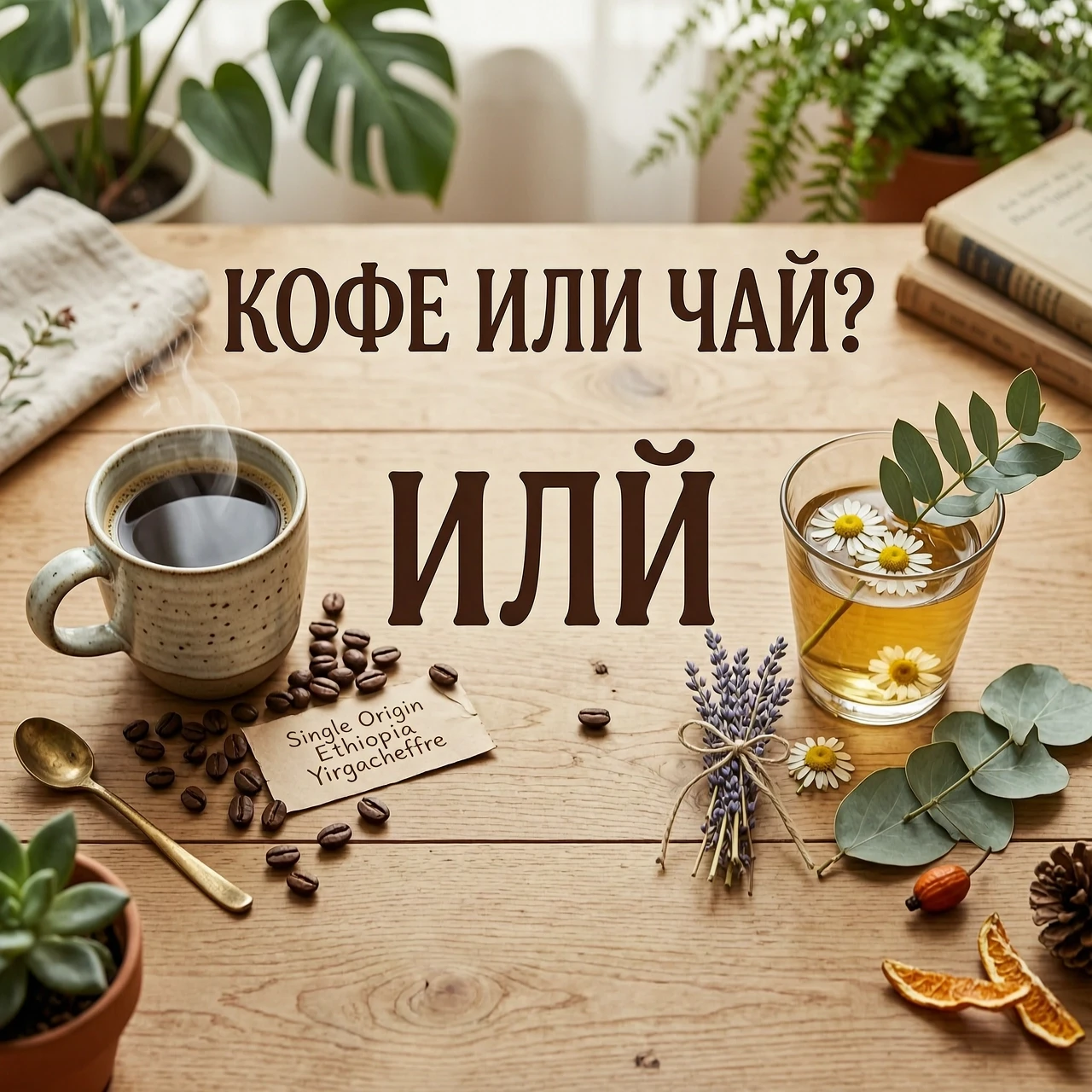 Фотореалистичный уютный постер в стиле hygge: вид сверху на деревянную столешницу. Слева — кружка с кофе и кофейными зёрнами, справа — стакан с чаем, ромашка и листья. Тёплое…