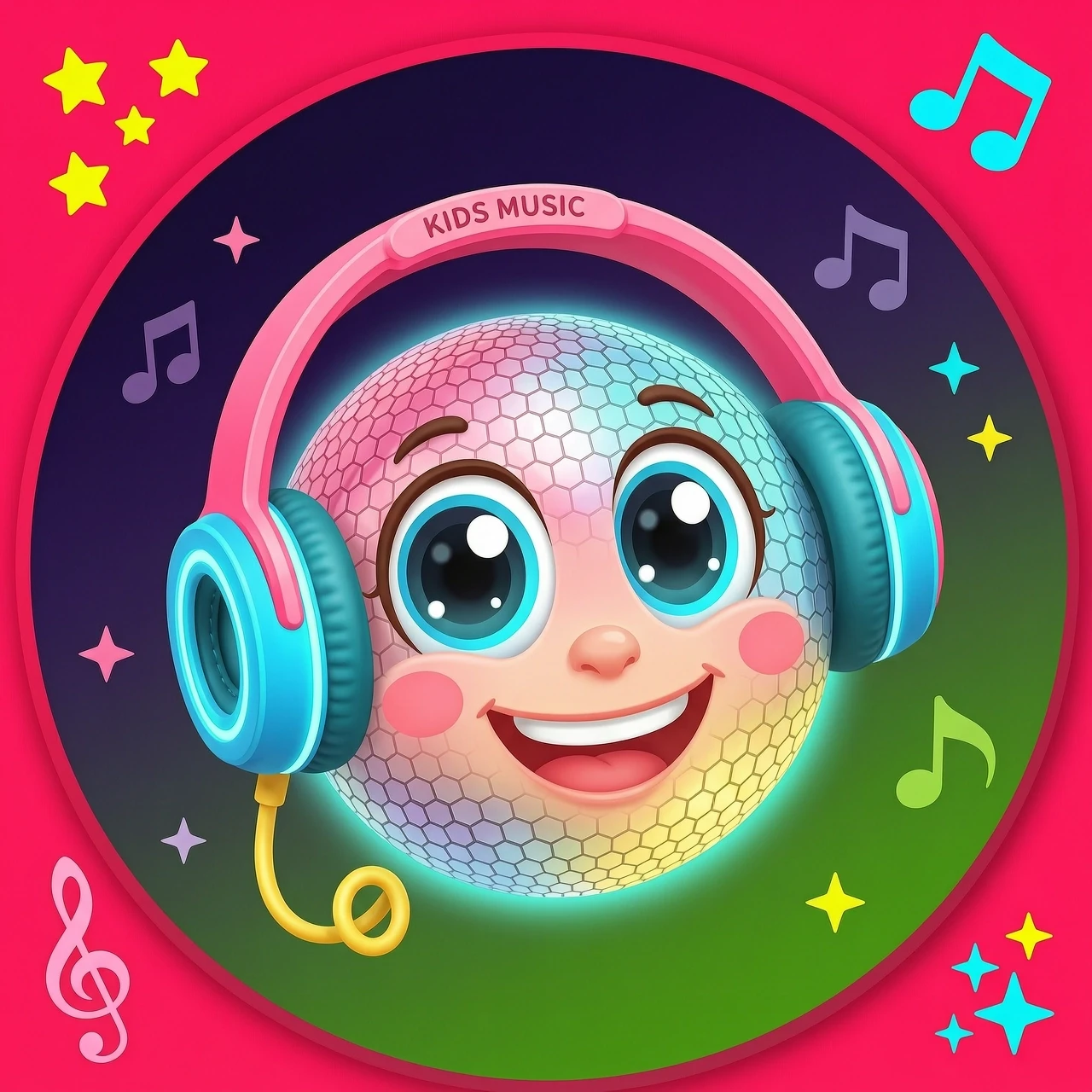 A minimalist, high-contrast circular avatar icon for a children's music channel. In the center, a cute 3D cartoon disco ball character with big friendly eyes and a happy…