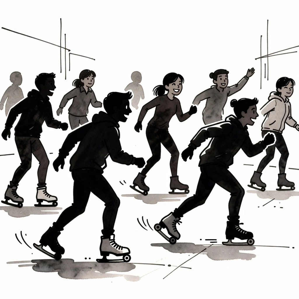 Create a watercolor urban sketch: watercolor ink in the style of artist Cheng Chung Wei + cartoon, people on skates, sketch style. silhouette. On a white background — работа…