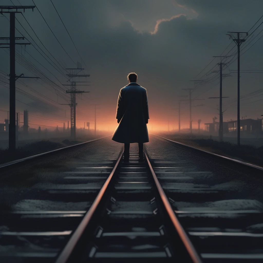 A lonely man sitting on railway tracks at sunset, cinematic lighting, dark moody atmosphere, fog in the distance, dramatic sky, emotional mood, urban melancholy, realistic…