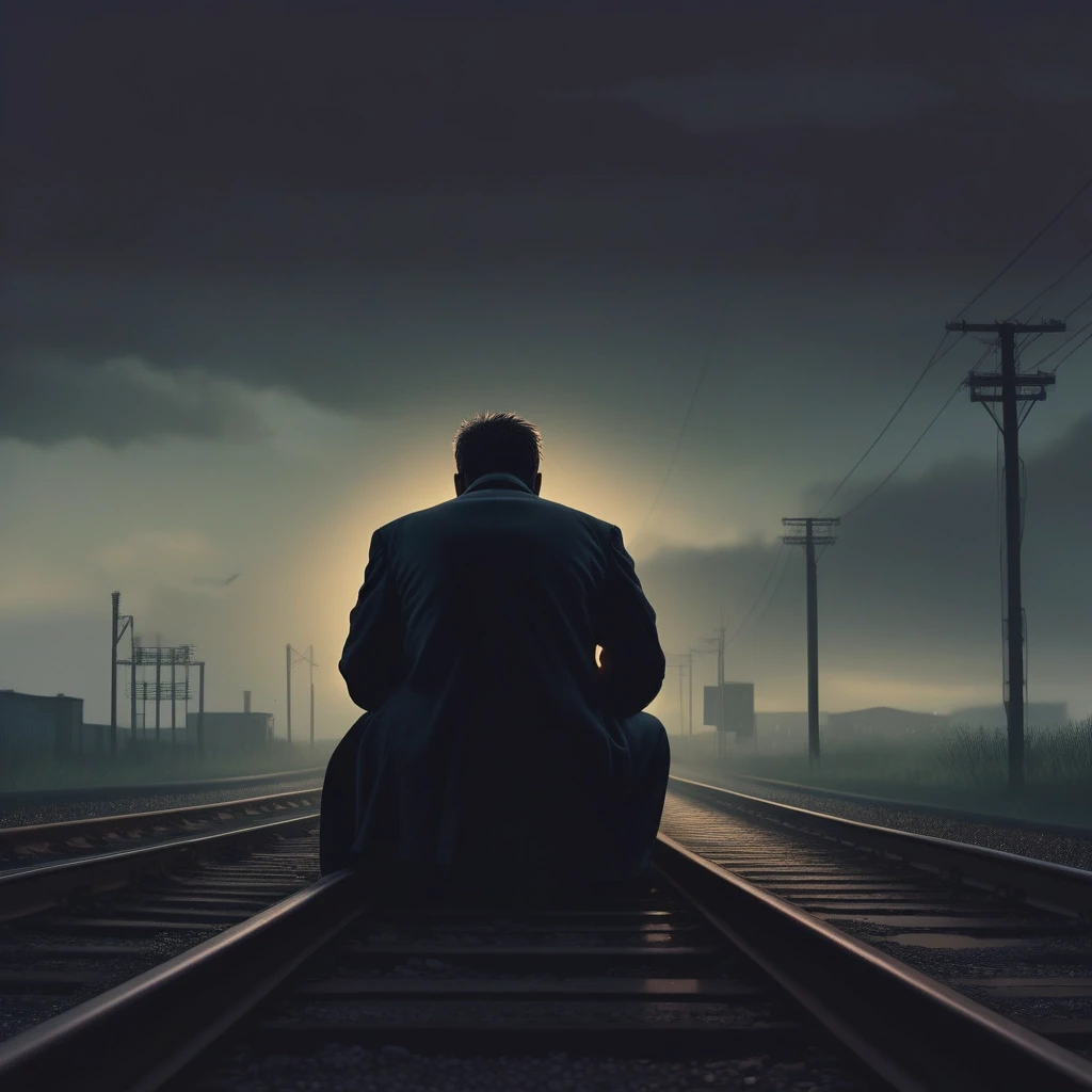 A lonely man sitting on railway tracks at sunset, cinematic lighting, dark moody atmosphere, fog in the distance, dramatic sky, emotional mood, urban melancholy, realistic…