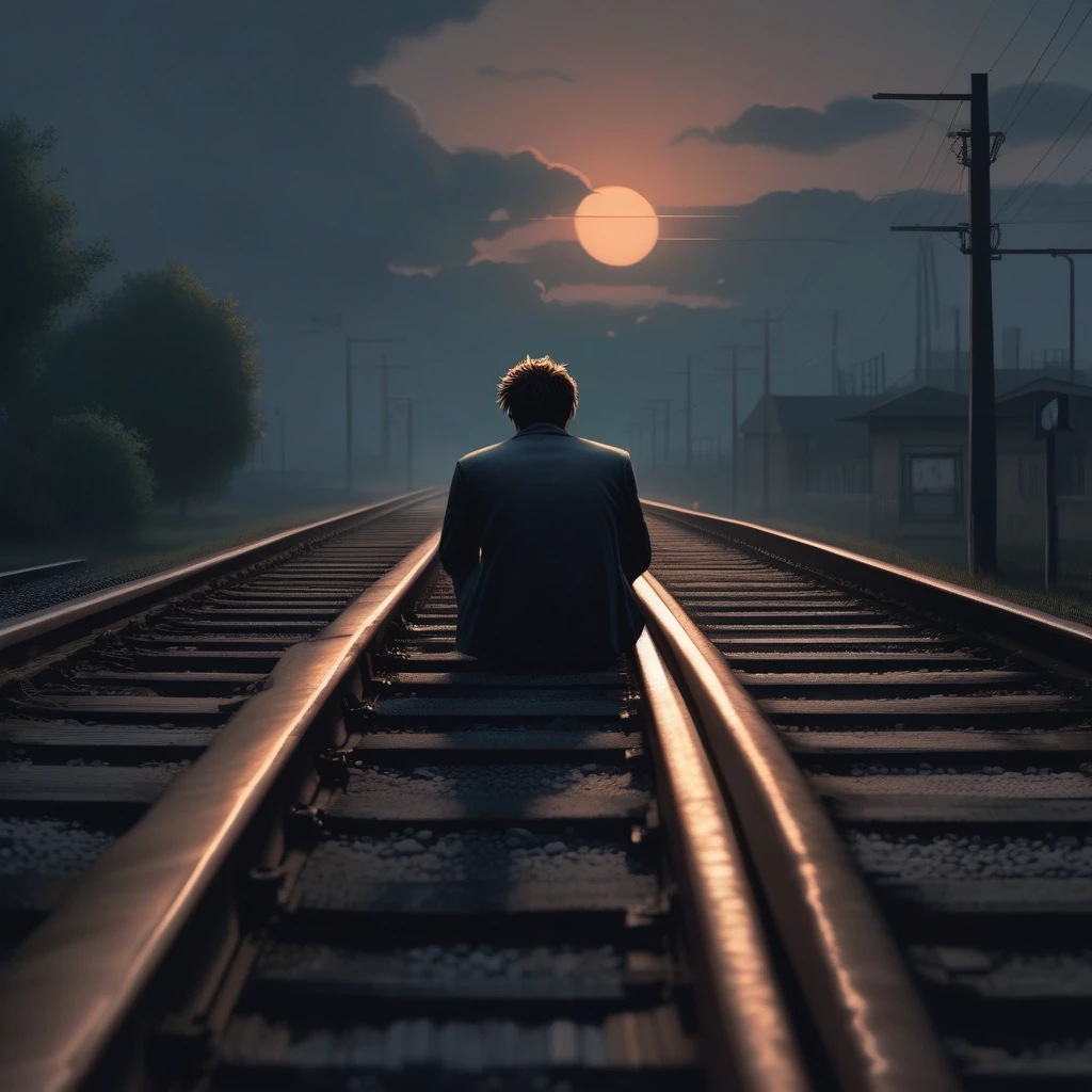 A lonely man sitting on railway tracks at sunset, cinematic lighting, dark moody atmosphere, fog in the distance, dramatic sky, emotional mood, urban melancholy, realistic…