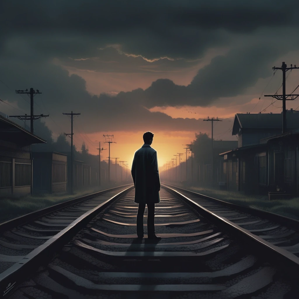 A lonely man sitting on railway tracks at sunset, cinematic lighting, dark moody atmosphere, fog in the distance, dramatic sky, emotional mood, urban melancholy, realistic…
