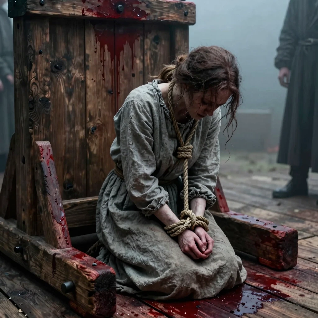 a pale, trembling woman kneeling in submission before a massive, blood-stained wooden execution block, her head bowed, hands bound tightly with rough hemp rope, coarse grey…