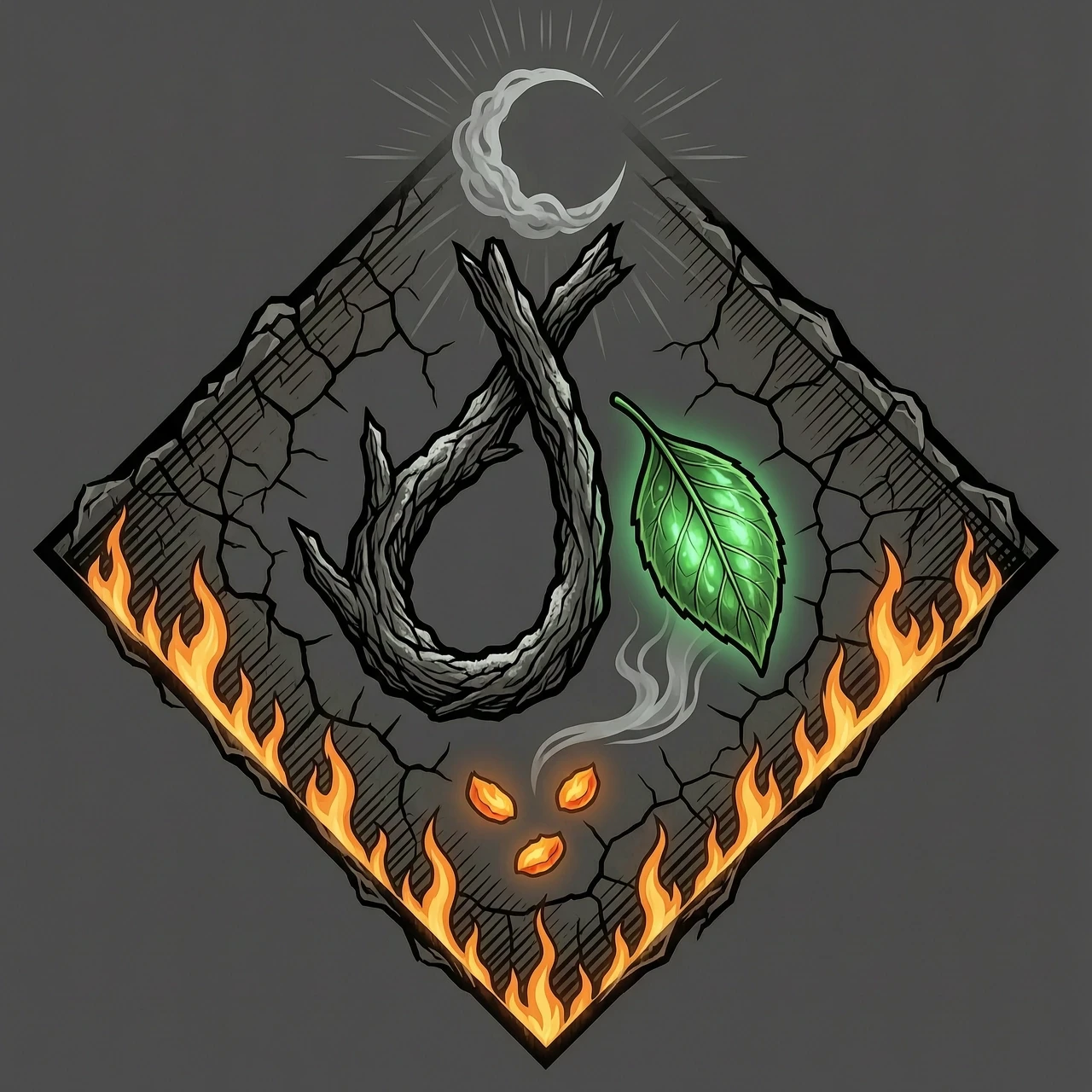 Emblem for the "Ashes" faction from the S.T.A.L.K.E.R. universe. Central composition features a charred, blackened tree branch twisted into a symbolic noose shape,…