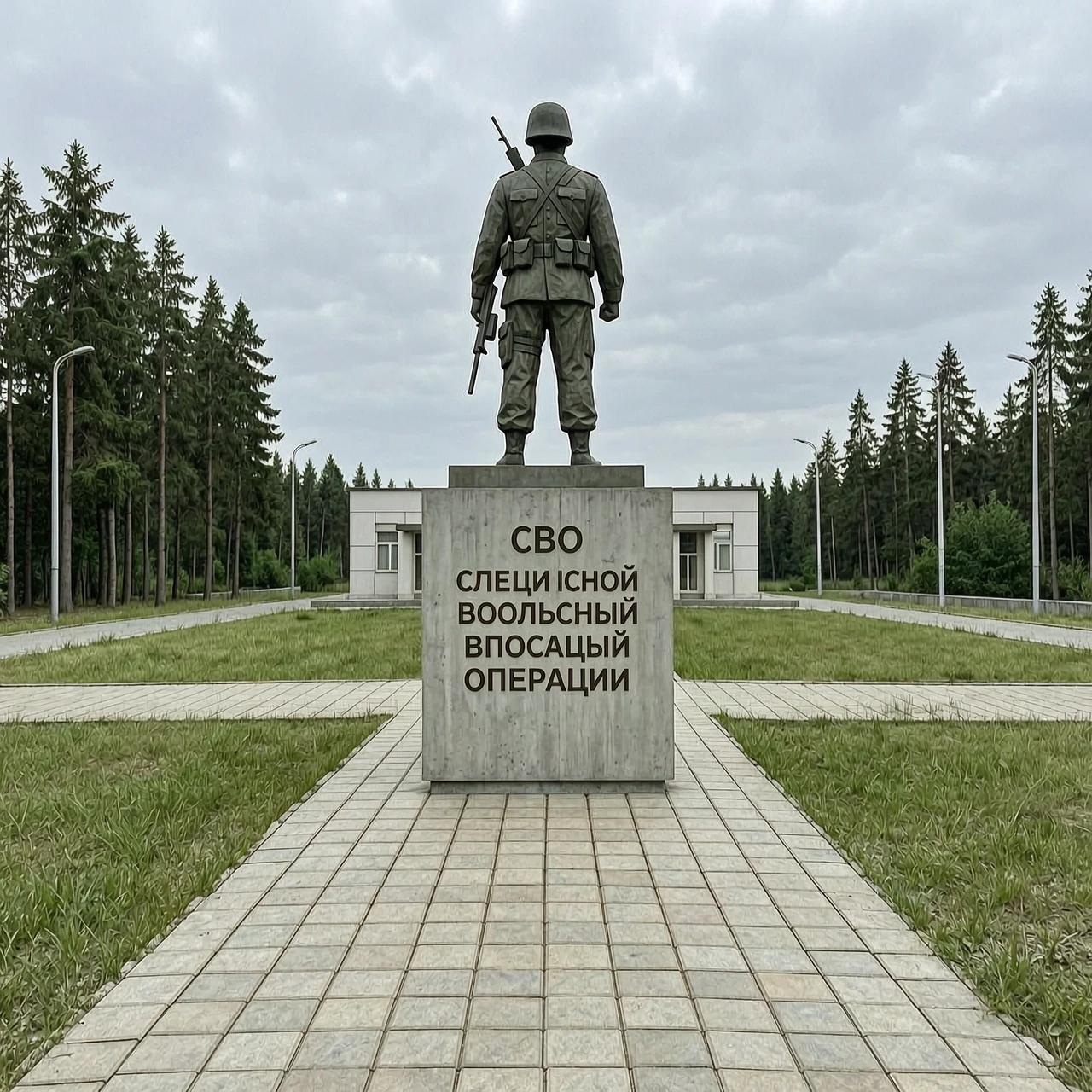 Фотореалистичный кадр: памятник в честь специальной военной операции стоит как входная группа перед территорией, перед памятником дорожка из плитки, сам памятник выполнен из…