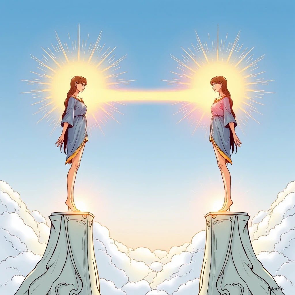 Two figures stand on separate pillars of light, connected by a bridge of energy. Neither leans on the other. Both are whole. The background is a vast open sky. Style: romantic…