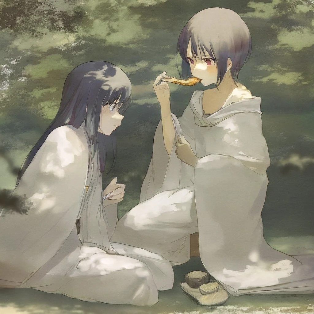 a couple of people sitting next to each other on a blanket, a picture, inspired by Uragami Gyokudō, pixiv, shin hanga, eating outside, megumin, flowing white robes, discovered…