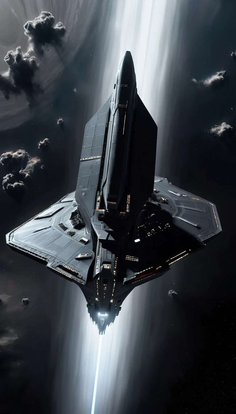 Cinematic sci-fi shot of an aggressive, angular dark grey spaceship hovering in the upper stratosphere. The ship features flat, vertical, weakly glowing pale gray wing plates.…