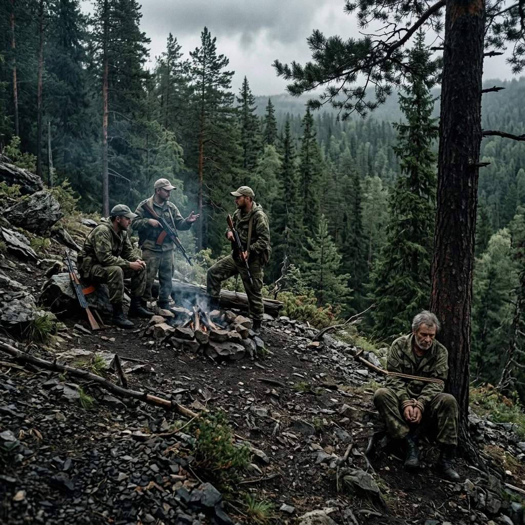 Хвойный лес. На склоне холма стоят трое вооружённых мужчин с АК-74 в камуфляже и бейсболках они что-то обсуждают. Небольшой костёр. В стороне возле дерева сидит ещё человек в…