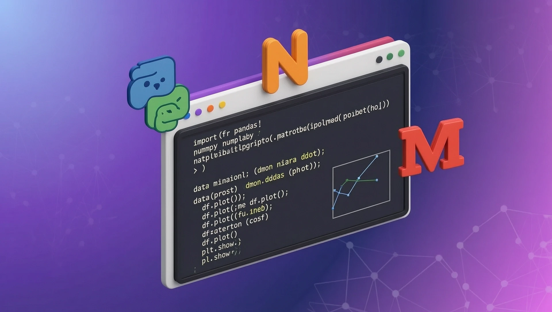 Используя фон картинки picture4 создать иллюстрацию фрагмент кода Python с визуализацией данных / логотипы библиотек Pandas, NumPy, Matplotlib без текста — работа…