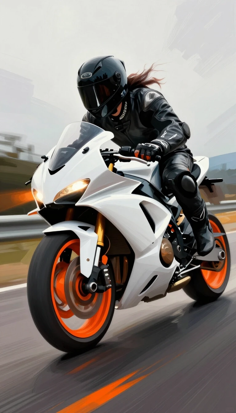 A dynamic, action-packed painting of a motorcyclist leaning into a turn on a sleek, white motorcycle with bright orange wheels. The rider wears a black leather suit and helmet,…