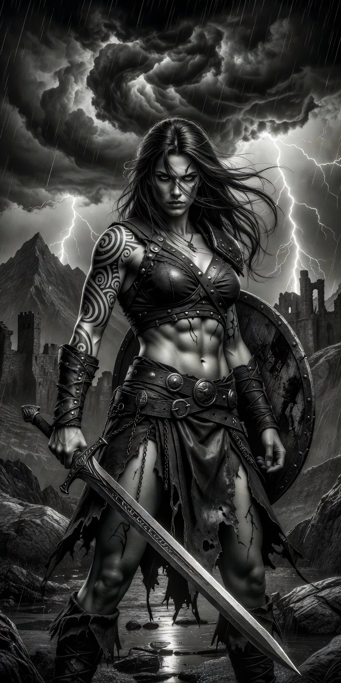 Black and white dramatic fantasy artwork, fierce female barbarian warrior, long flowing windblown hair, muscular athletic physique, defined abs, tribal swirl tattoos on left arm…
